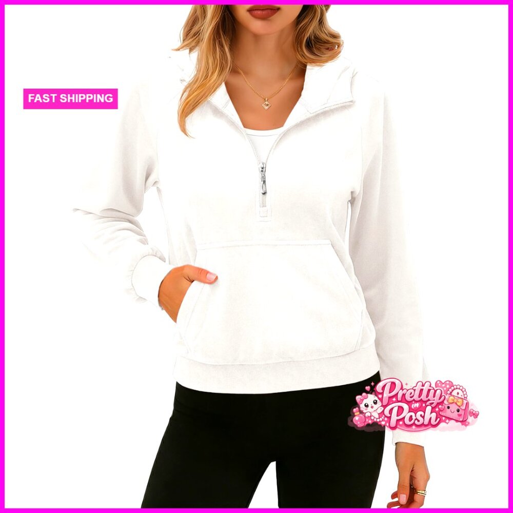 Cropped Hoodie Velour Half Zip Sweatshirt with Pocket Fleece Pullover